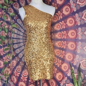 Glamorous One-Shoulder Gold Sequin Dress